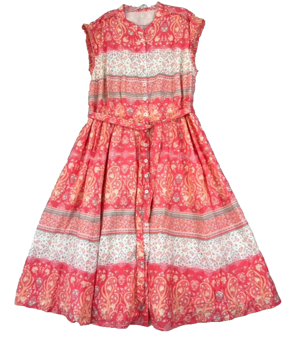 Eshakti Dress Floral Paisley Print Cotton Ruffle Shirtdress Aline Sash Tie